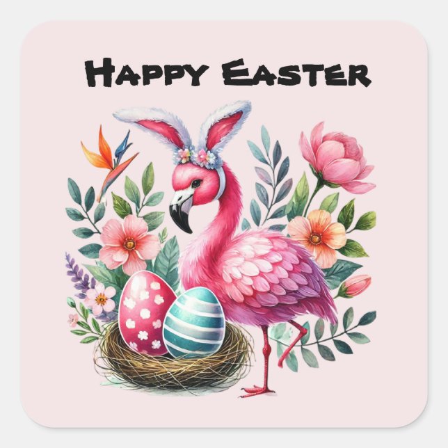 Cute Happy Easter Pink Flamingo  Square Sticker (Front)