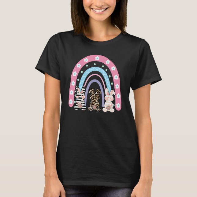 Cute Happy Easter Rainbow Leopard Easter Bunny Rab T-Shirt (Front)