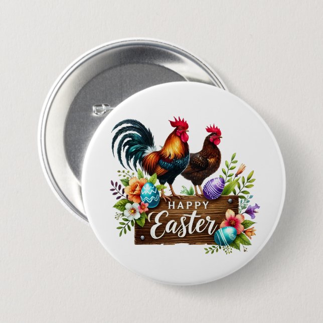Cute Happy Easter roosters 3 Inch Round Button (Front & Back)