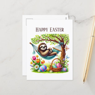 Cute Happy Easter sloth add message Holiday Postcard