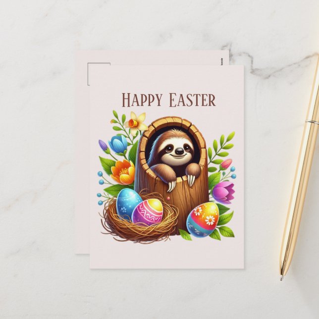 Cute Happy Easter sloth  Holiday Postcard (Front/Back In Situ)