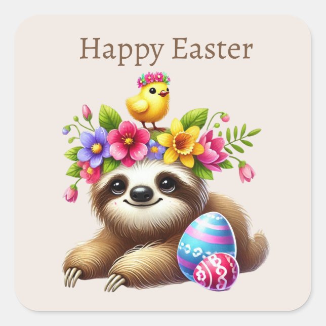 Cute Happy Easter sloth Square Sticker  (Front)