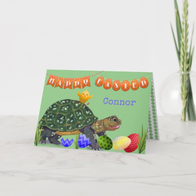 Cute Happy Easter Turtle Green Child Kid's Custom Holiday Card (Front)