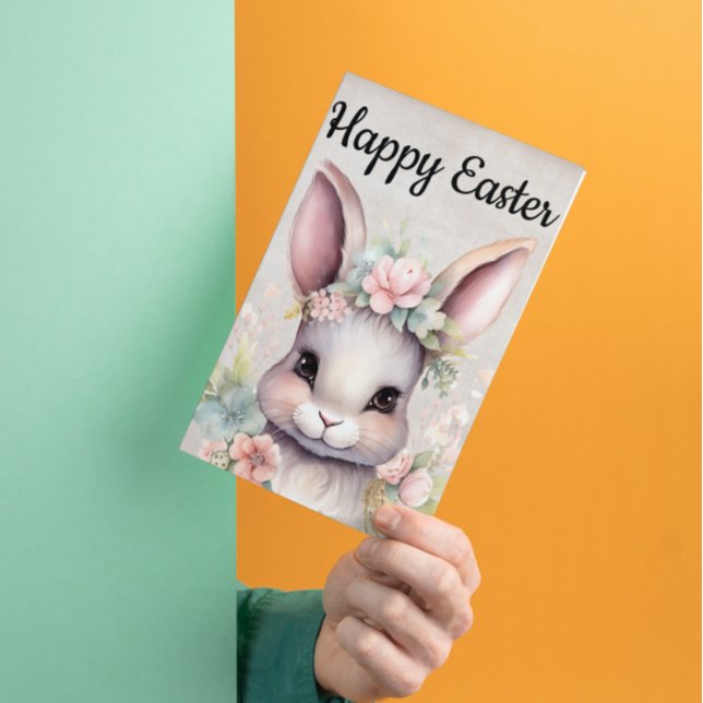 Cute Happy Easter Watercolor Bunny Holiday Card (Creator Uploaded)
