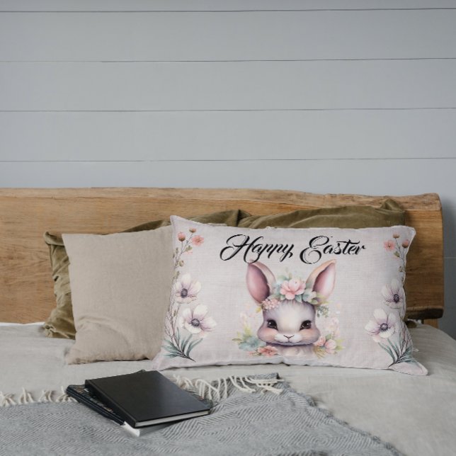 Cute Happy Easter Watercolor Bunny Lumbar Pillow (Creator Uploaded)
