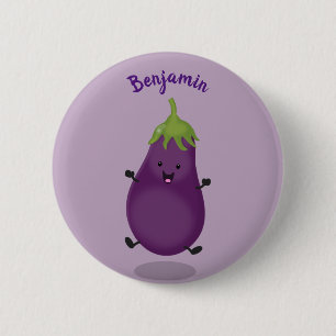Cute happy eggplant aubergine cartoon illustration 2 inch round button