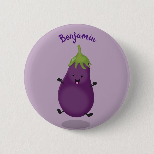 Cute happy eggplant aubergine cartoon illustration 2 inch round button (Front)