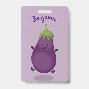 Cute happy eggplant aubergine cartoon illustration badge