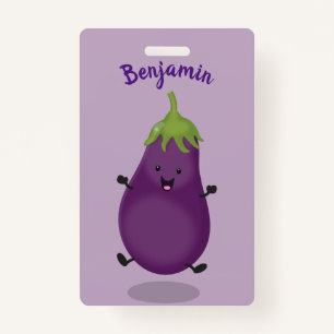 Cute happy eggplant aubergine cartoon illustration badge