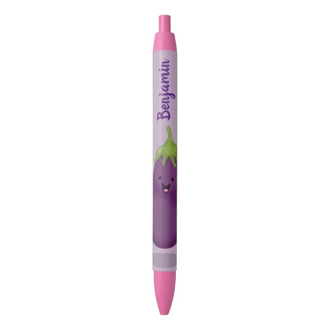Cute happy eggplant aubergine cartoon illustration black ink pen (Front Vertical)