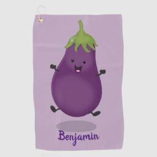 Cute happy eggplant aubergine cartoon illustration golf towel