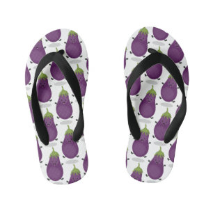 Cute happy eggplant aubergine cartoon illustration kid's flip flops