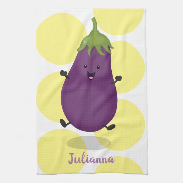 Cute happy eggplant aubergine cartoon illustration kitchen towel (Vertical)