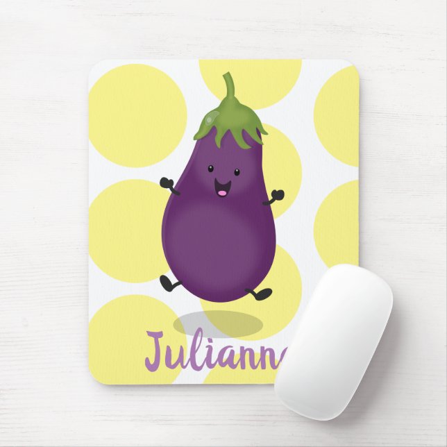 Cute happy eggplant aubergine cartoon illustration mouse pad (With Mouse)