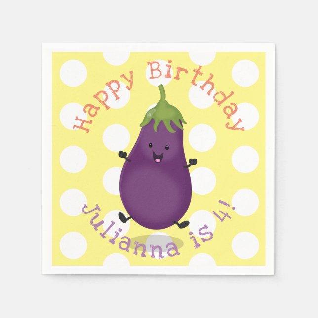 Cute happy eggplant aubergine cartoon illustration napkin (Front)