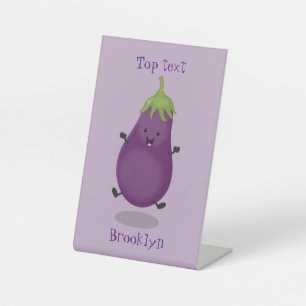 Cute happy eggplant aubergine cartoon illustration pedestal sign