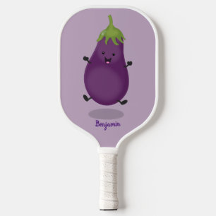 Cute happy eggplant aubergine cartoon illustration pickleball paddle