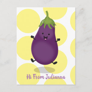 Cute happy eggplant aubergine cartoon illustration postcard