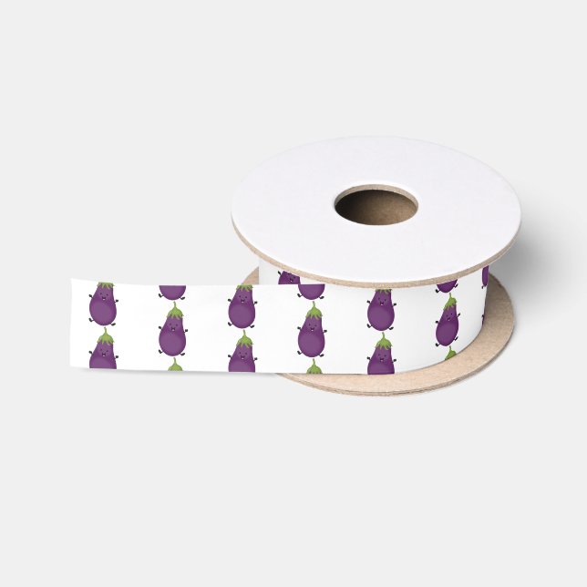 Cute happy eggplant aubergine cartoon illustration satin ribbon (Spool)