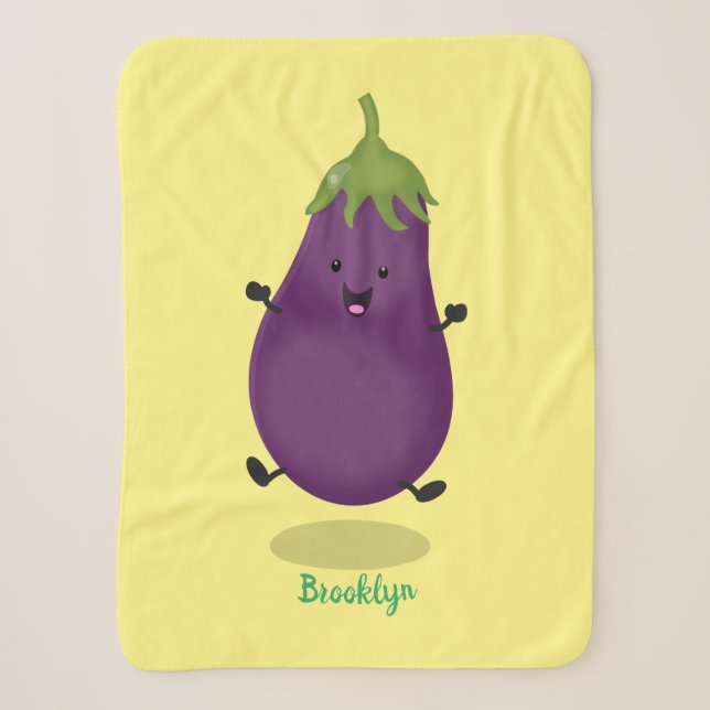 Cute happy eggplant aubergine cartoon illustration sherpa blanket (Front)