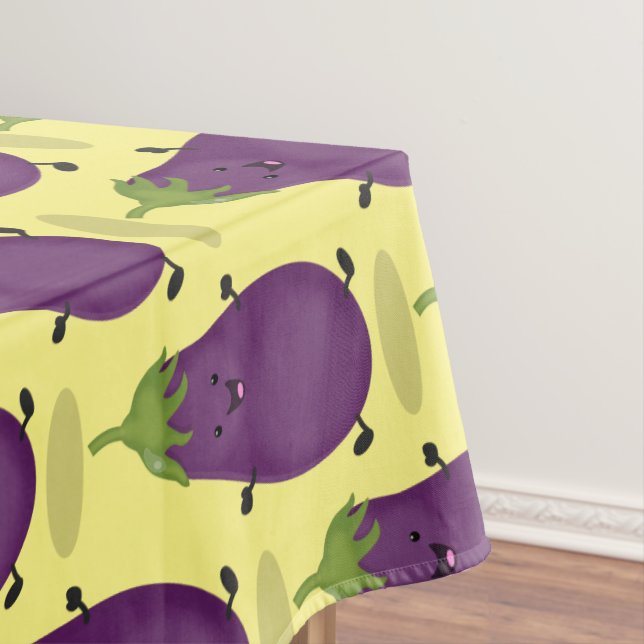 Cute happy eggplant aubergine cartoon illustration tablecloth (In Situ)