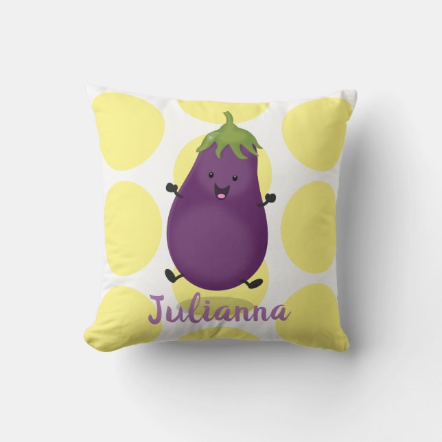 Cute happy eggplant aubergine cartoon illustration throw pillow (Front)