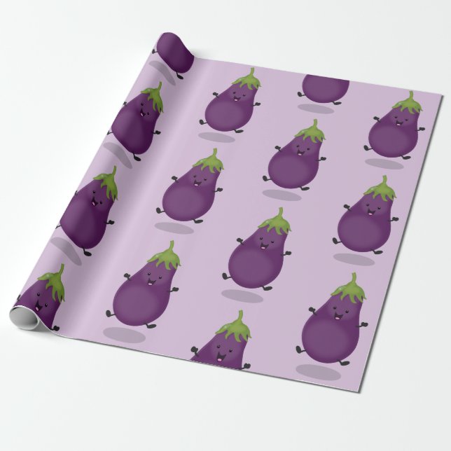 Cute happy eggplant aubergine cartoon illustration wrapping paper (Unrolled)