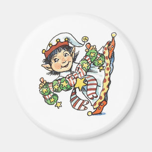 Cute Happy Elf Dancing, Retro Christmas Cartoon Magnet
