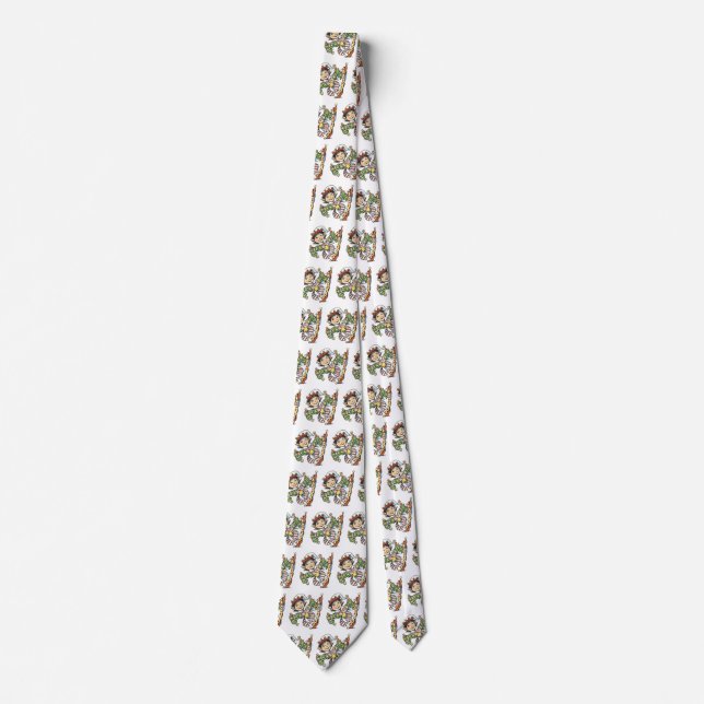 Cute Happy Elf Dancing, Retro Christmas Cartoon Tie (Front)