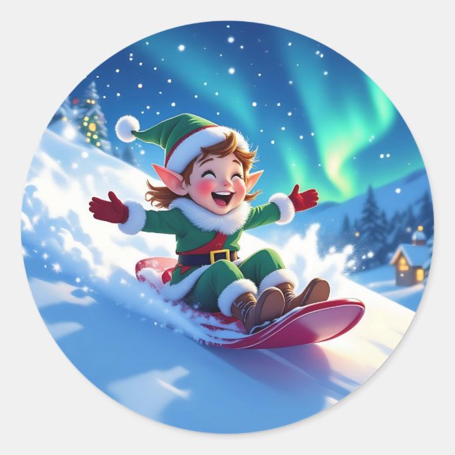 Cute Happy Elf Sledding Christmas Classic Round Sticker (Front)