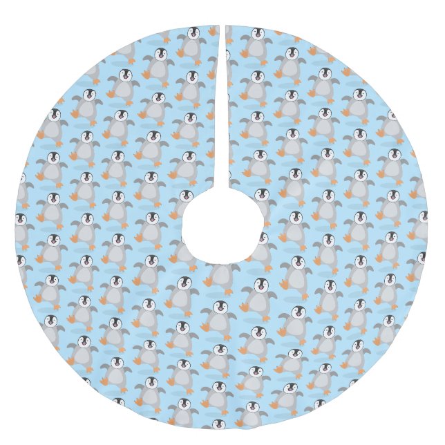 Cute happy emperor penguin chick cartoon  brushed polyester tree skirt (Front)