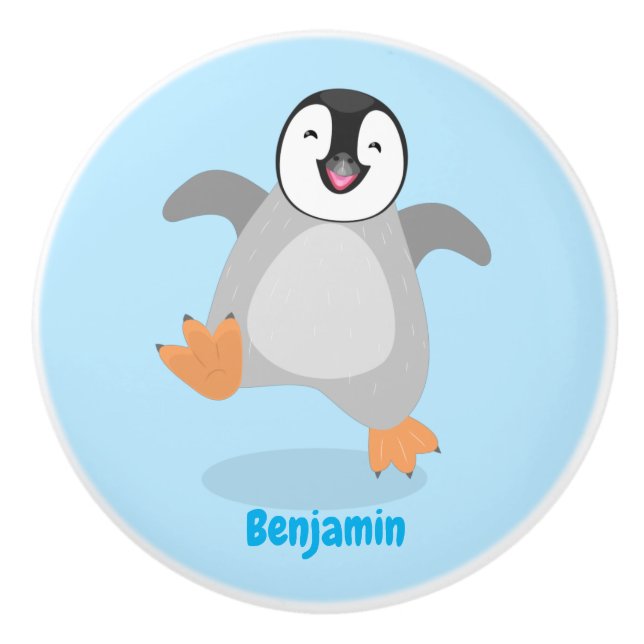 Cute happy emperor penguin chick cartoon ceramic knob (Front)