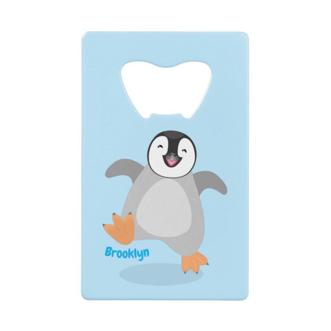 Cute happy emperor penguin chick cartoon credit card bottle opener (Front)