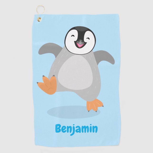 Cute happy emperor penguin chick cartoon golf towel (Front)