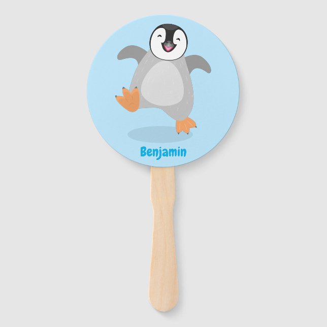 Cute happy emperor penguin chick cartoon hand fan (Front)