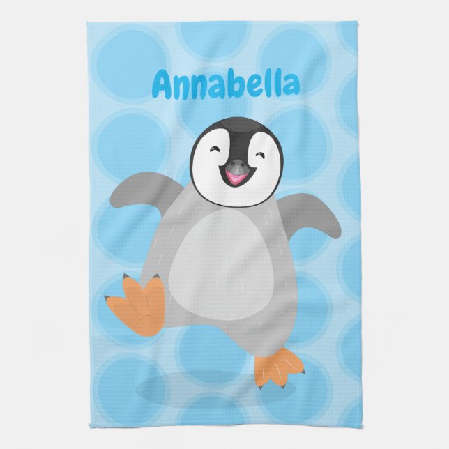 Cute happy emperor penguin chick cartoon kitchen towel (Vertical)
