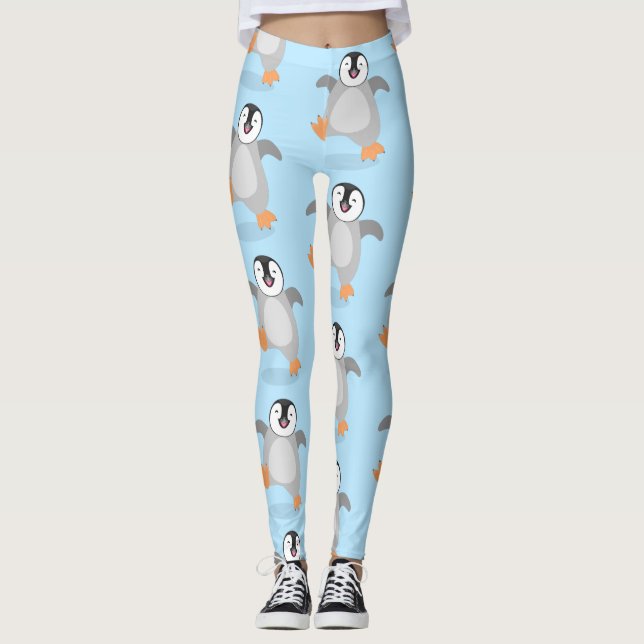 Cute happy emperor penguin chick cartoon leggings (Front)