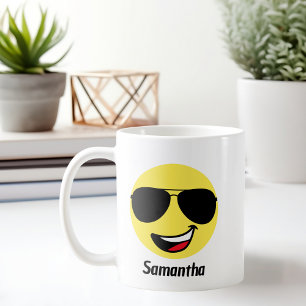 Cute Happy Face & Aviator Glasses,Fun Coffee Mug
