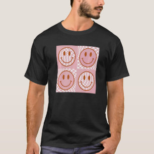 Cute Happy Face Chequered Pattern Pink Smile Face  T-Shirt
