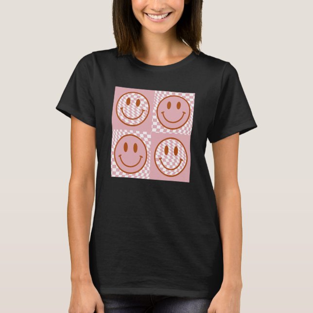 Cute Happy Face Chequered Pattern Pink Smile Face  T-Shirt (Front)