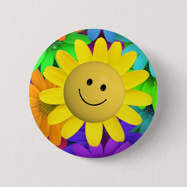 Cute Happy Face Flowers 2 Inch Round Button (Front)