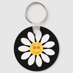 Cute Happy Face Girly White Daisy Flower on Black Keychain