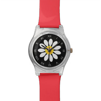 Cute Happy Face Girly White Daisy Flower on Black Watch