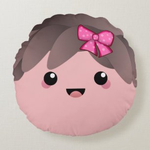 Cute happy face kawaii Japanese cartoon doll pink Round Pillow