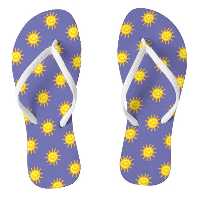 Cute Happy Face Sun Beach Periwinkle Blue Trendy Flip Flops (Footbed)