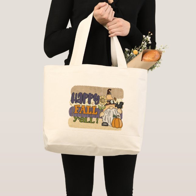 Cute Happy Fall Y'all gnome Seasonal Large Tote Bag (Front (Product))