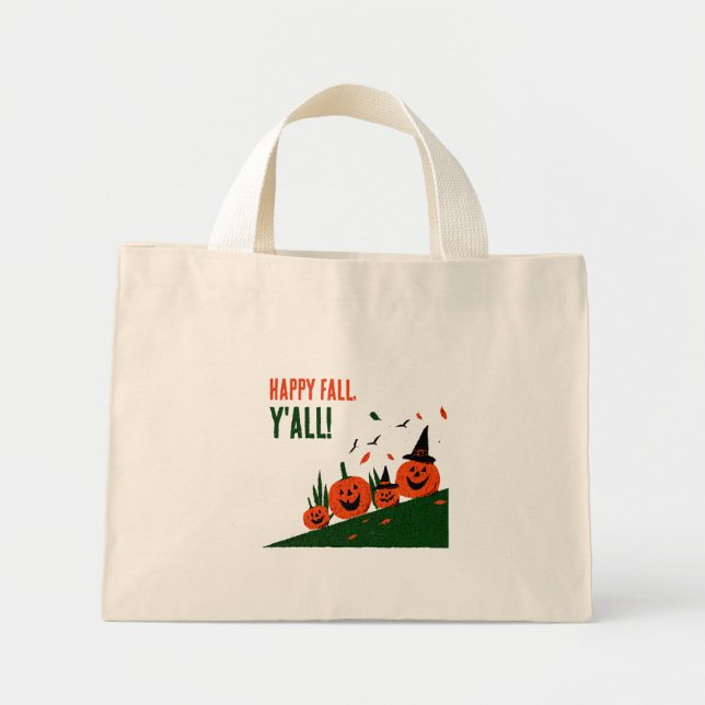 Cute Happy Fall Y'all Pumpkin Witch Hat Mini Tote Bag (Front)