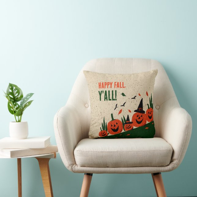 Cute Happy Fall Y'all Pumpkin Witch Hat Throw Pillow (Chair)