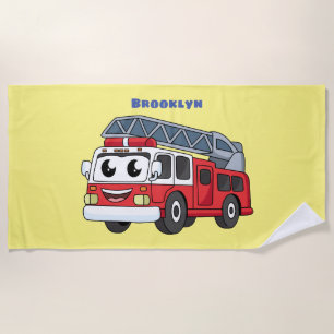 Cute happy fire engine cartoon beach towel