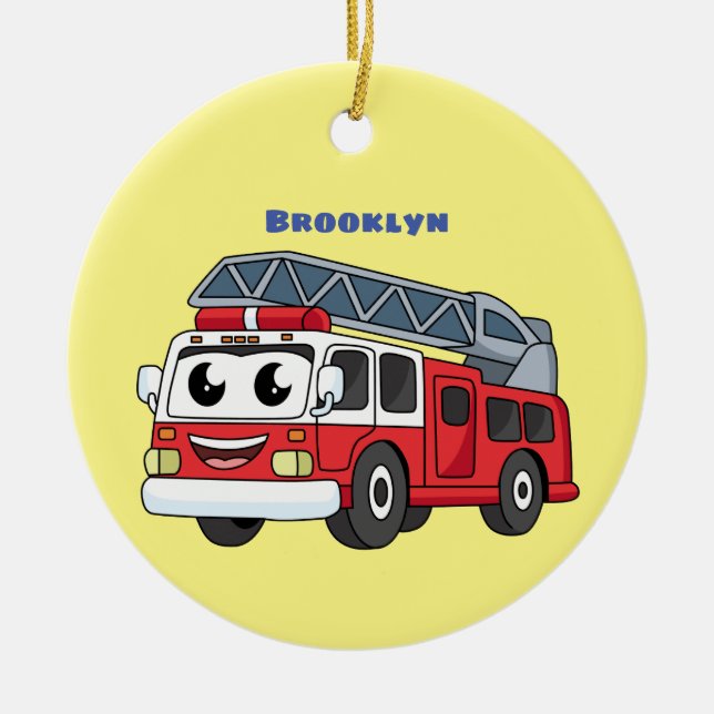 Cute happy fire engine cartoon ceramic ornament (Front)